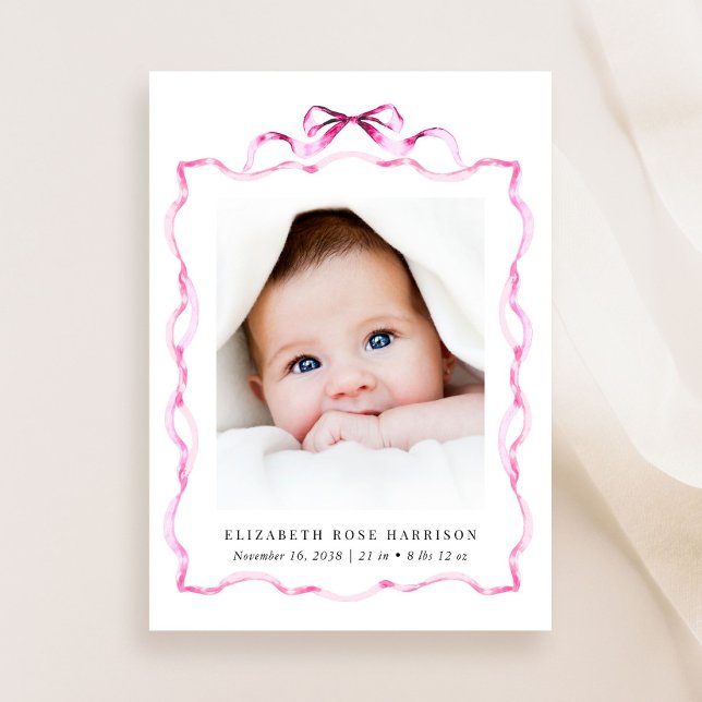 Elegant Rosa Coquette Bow Photo Girl Birth Meddelande (A beautiful and unique way to thank family and friends and introduce them to your precious baby girl)