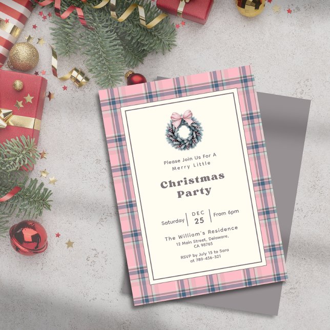Elegant Rosa Coquette Krans Randig Julfest Inbjudningar (Elegant Pink Coquette Wreath Plaid Christmas Party Invitation)
