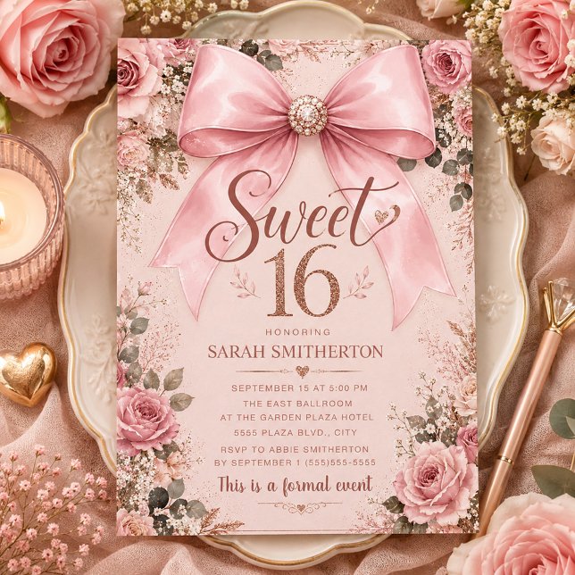 Elegant Rosa Coquette-slöja Sweet 16 Inbjudningar (Skapare uppladdad)