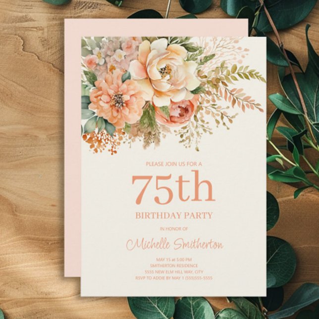 Elegant Rosa Crème Blommig 75-årsdag Inbjudningar (Peach and cream watercolor floral 75th birthday party invitation)