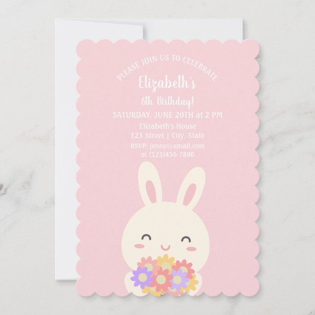 Elegant Rosa Cute Bunny & Flowers Girl Birthday Inbjudningar (Framsida)