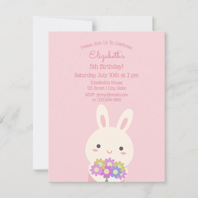 Elegant Rosa Cute Rabbit & Flowers Girl Birthday Inbjudningar (Framsida)