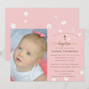 Elegant Rosa Daisy Girl Religiösa Baptism Photo Inbjudningar