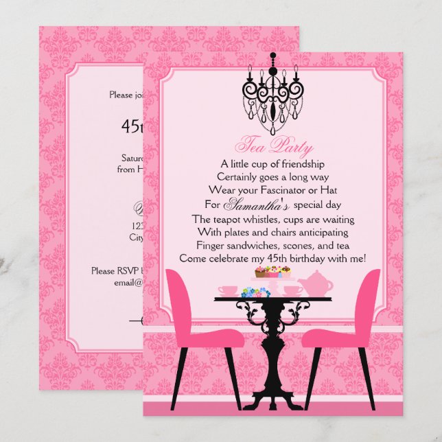 Elegant Rosa Damask Birthday Tea Party Inbjudningar (Fram/baksida)