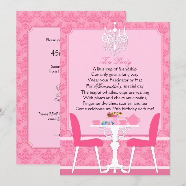 Elegant rosa damask-födelsedags-tea party inbjudningar (Fram/baksida)