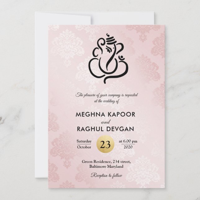 Elegant  Rosa Damask Ganesha Indian Bröllop  Inbjudningar (Framsida)