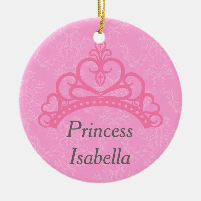 Elegant Rosa Damask, Prinsess Tiara Julgransprydnad Keramik (Framsidan)