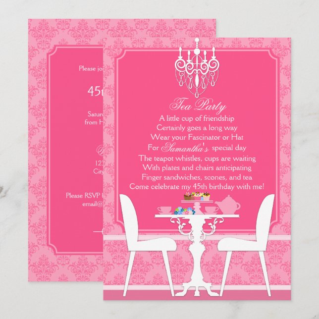 Elegant rosa damask tebjudning för födelsedag inbjudningar (Fram/baksida)