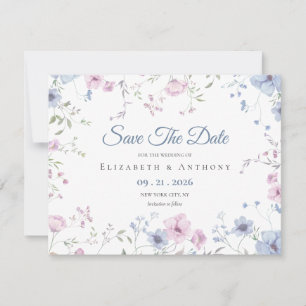 Elegant Rosa & Damblå Blommig Bröllop Spara Datumet