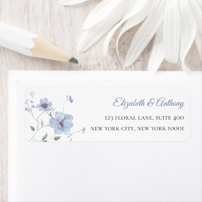 Elegant Rosa & Dammtor Blue Blommig Returadress Etikett (Insitu)