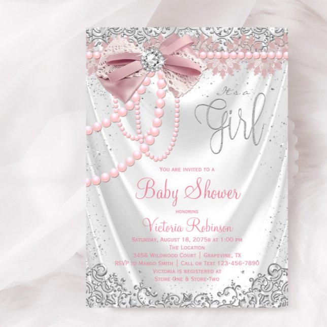 Elegant Rosa Diamant Pärl Flicka Bebis Badrumsfest Inbjudningar (Elegant blush pink and silver diamond baby shower invitation. Simply add your event details.)