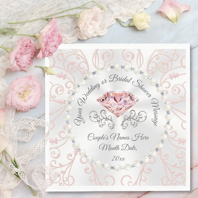 Elegant  Rosa Diamond Napkins-Personlig Pappersservett (Blush Bridal Shower Napkins, in 3 Sizes. Wedding Cocktail Napkins, Wedding Shower Luncheon Napkins.)