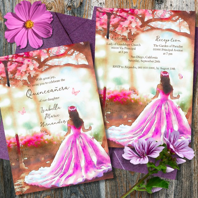 Elegant Rosa Dress Watercolor Garden Quinceañera Inbjudningar (Skapare uppladdad)