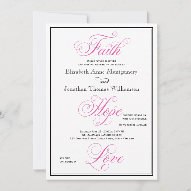 Elegant Rosa Faith Hope Kärlek bröllopsinbjudan Inbjudningar (Framsida)