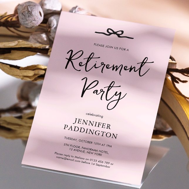 Elegant  Rosa Feminina Pension Party Inbjudningar (Feminine blush pink and black bow retirement party invitation with fully editable text and colors)