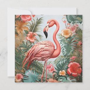Elegant Rosa Flamingo Bird and Tropical Flowers