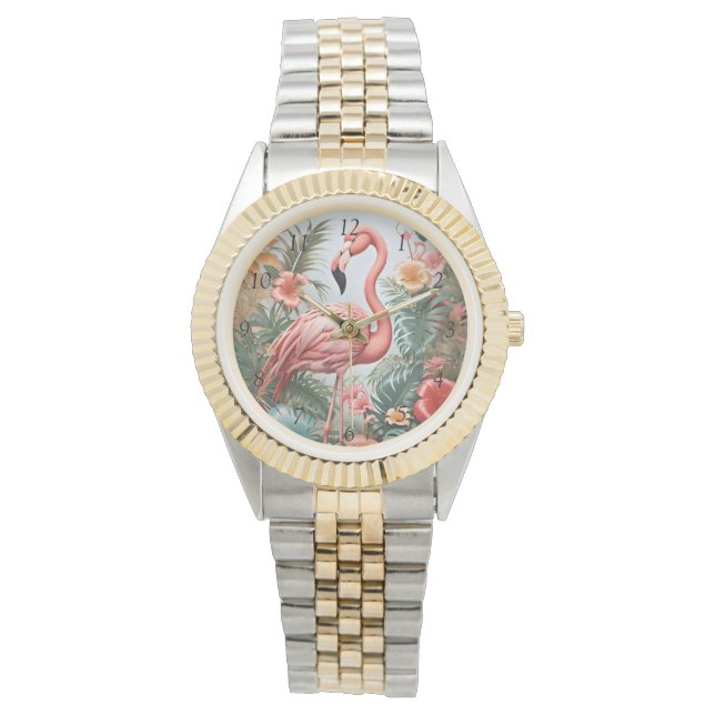 Elegant Rosa Flamingo Bird and Tropical Flowers Armbandsur (Framsida)