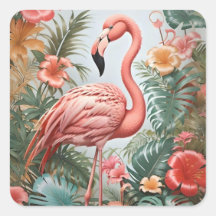 Elegant Rosa Flamingo Bird and Tropical Flowers