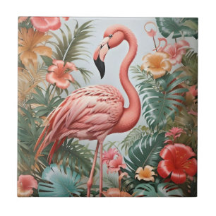 Elegant Rosa Flamingo Bird and Tropical Flowers Kakelplatta