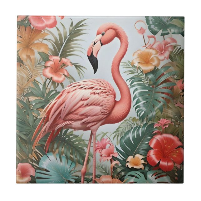 Elegant Rosa Flamingo Bird and Tropical Flowers Kakelplatta (Framsidan)