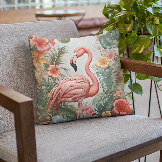 Elegant Rosa Flamingo Bird and Tropical Flowers Kudde (Skapare uppladdad)