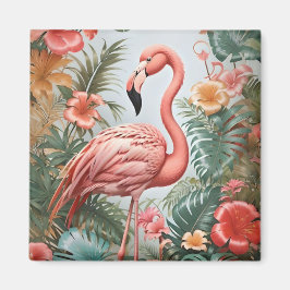 Elegant Rosa Flamingo Bird and Tropical Flowers Magnet