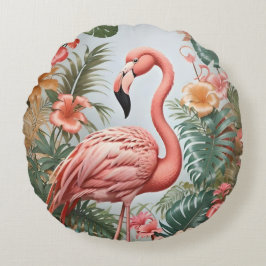 Elegant Rosa Flamingo Bird and Tropical Flowers Rund Kudde
