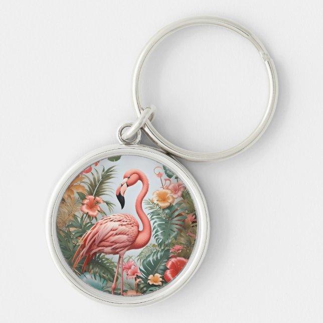 Elegant Rosa Flamingo Bird and Tropical Flowers Rund Silverfärgad Nyckelring (Framsidan)
