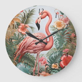 Elegant Rosa Flamingo Bird and Tropical Flowers Stor Klocka