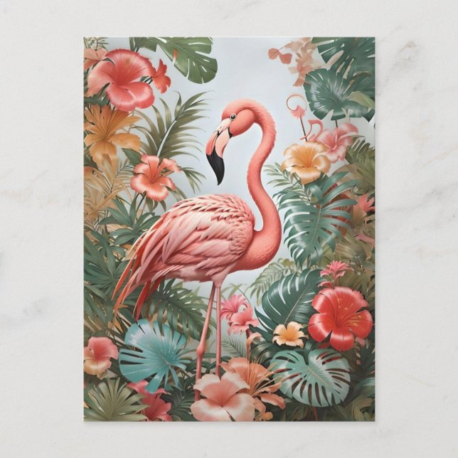 Elegant Rosa Flamingo Bird and Tropical Flowers Vykort (Framsida)