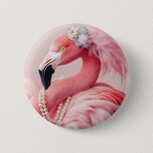 Elegant Rosa Flamingo med pärlor och fjädrar Knapp (Framsida)
