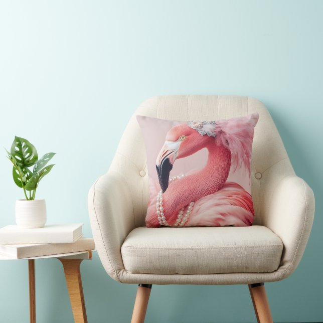 Elegant Rosa Flamingo med pärlor och fjädrar Kudde (Stol)
