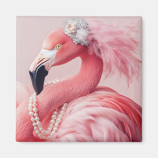 Elegant Rosa Flamingo med pärlor och fjädrar Magnet (Framsidan)