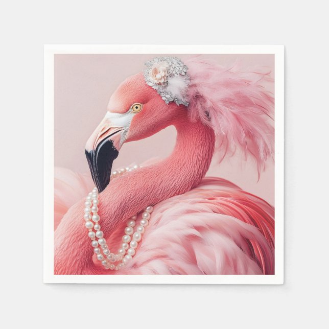Elegant Rosa Flamingo med pärlor och fjädrar Pappersservett (Framsidan)