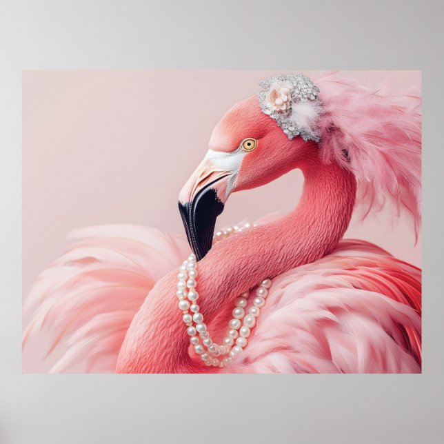 Elegant Rosa Flamingo med pärlor och fjädrar Poster (Framsidan)