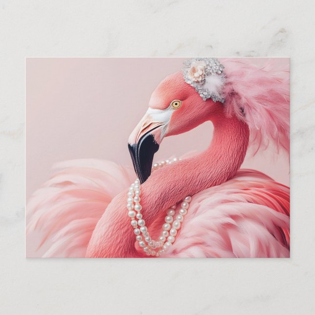 Elegant Rosa Flamingo med pärlor och fjädrar Vykort (Framsida)