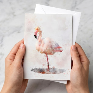 Elegant rosa flamingo stående i akvarell anteckningskort