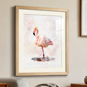 Elegant rosa flamingo stående i akvarell fototryck
