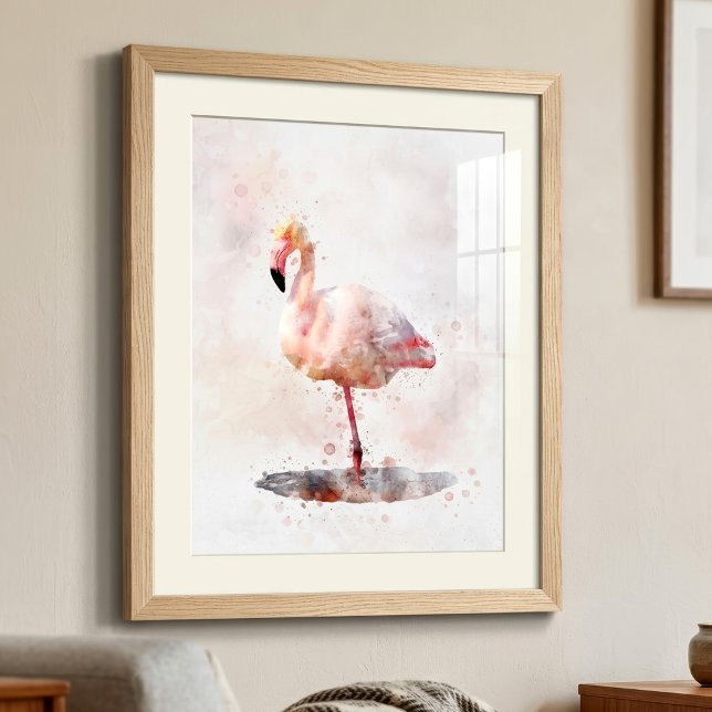 Elegant rosa flamingo stående i akvarell fototryck (Elegant Pink Flamingo standing in Watercolor. Photo Print)