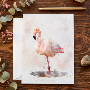 Elegant rosa flamingo stående i akvarell tack kort