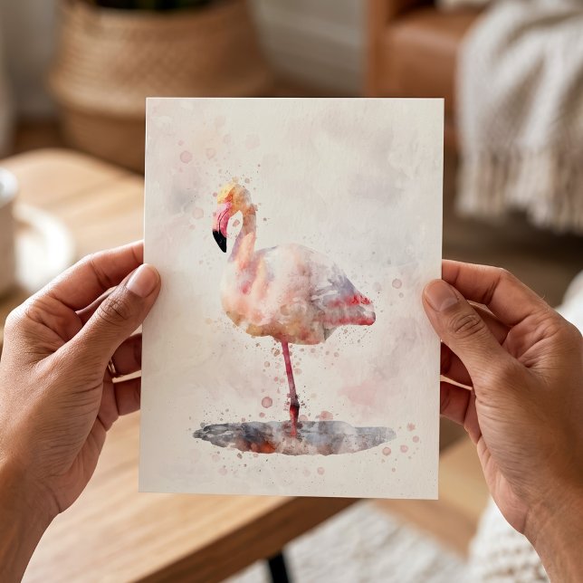 Elegant rosa flamingo stående i akvarell vykort (Elegant Pink Flamingo standing in Watercolor. Postcard)