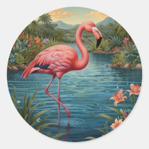 Elegant rosa flamingo tropiska paradise runt klistermärke