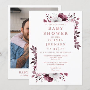 Elegant rosa flickland floral foto baby shower inbjudningar