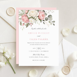 Elegant Rosa Floral Bröllop med Grönska Inbjudningar
