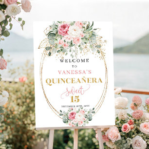 Elegant rosa floral guld pastell quinceañera välko poster