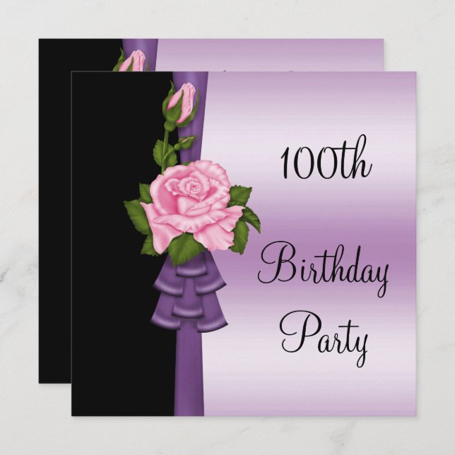 Elegant Rosa Flower & Lila Ribbon 100 Birthday Inbjudningar (Fram/baksida)