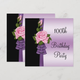 Elegant Rosa Flower & Lila Ribbon 100 Birthday Inbjudningar