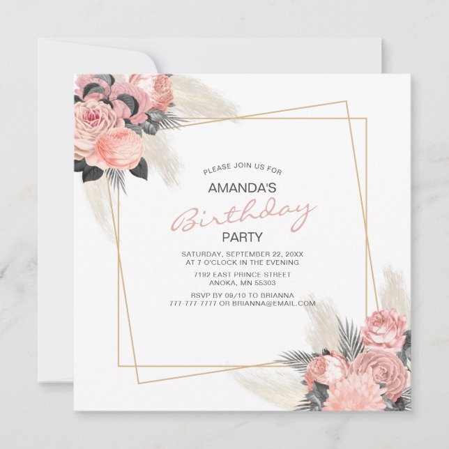 Elegant Rosa Flowers and Ivory Pampas Birthday Inv Inbjudningar (Framsida)