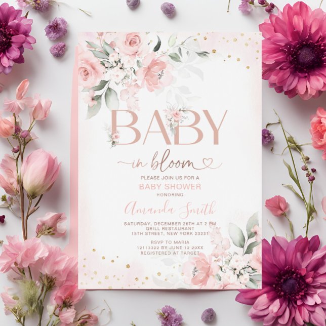 Elegant Rosa Flowers Baby in Bloom Baby Shower Inbjudningar (Skapare uppladdad)