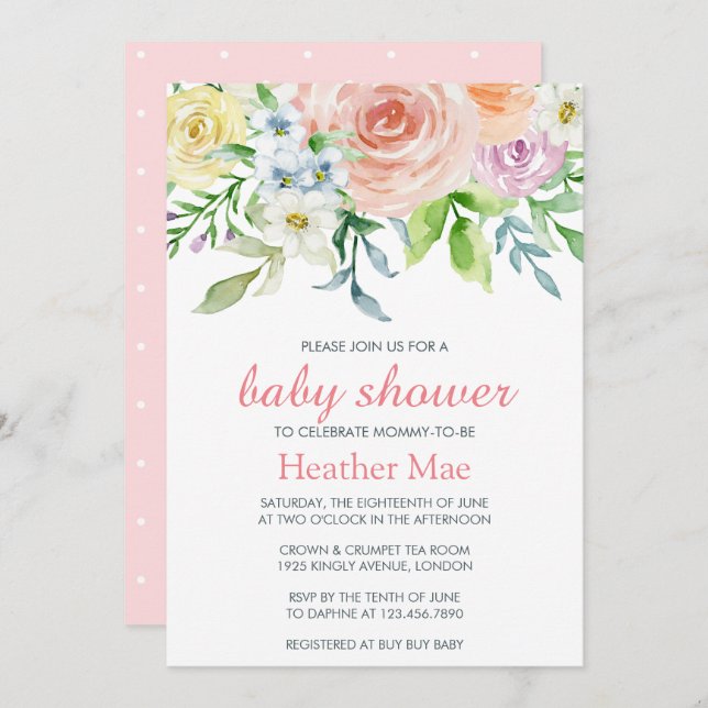 Elegant Rosa Flowers Blommigt Girl Baby Shower Inbjudningar (Fram/baksida)